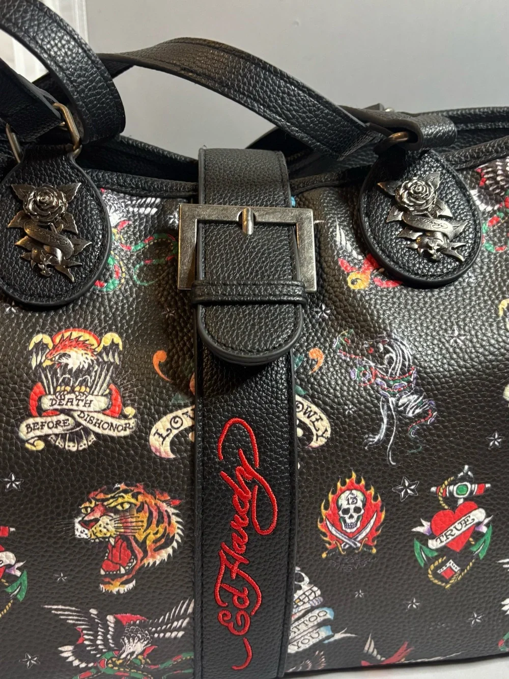 Ed Hardy Black Tattoo-Print Leather Satchel with Red Accent 14x9 “